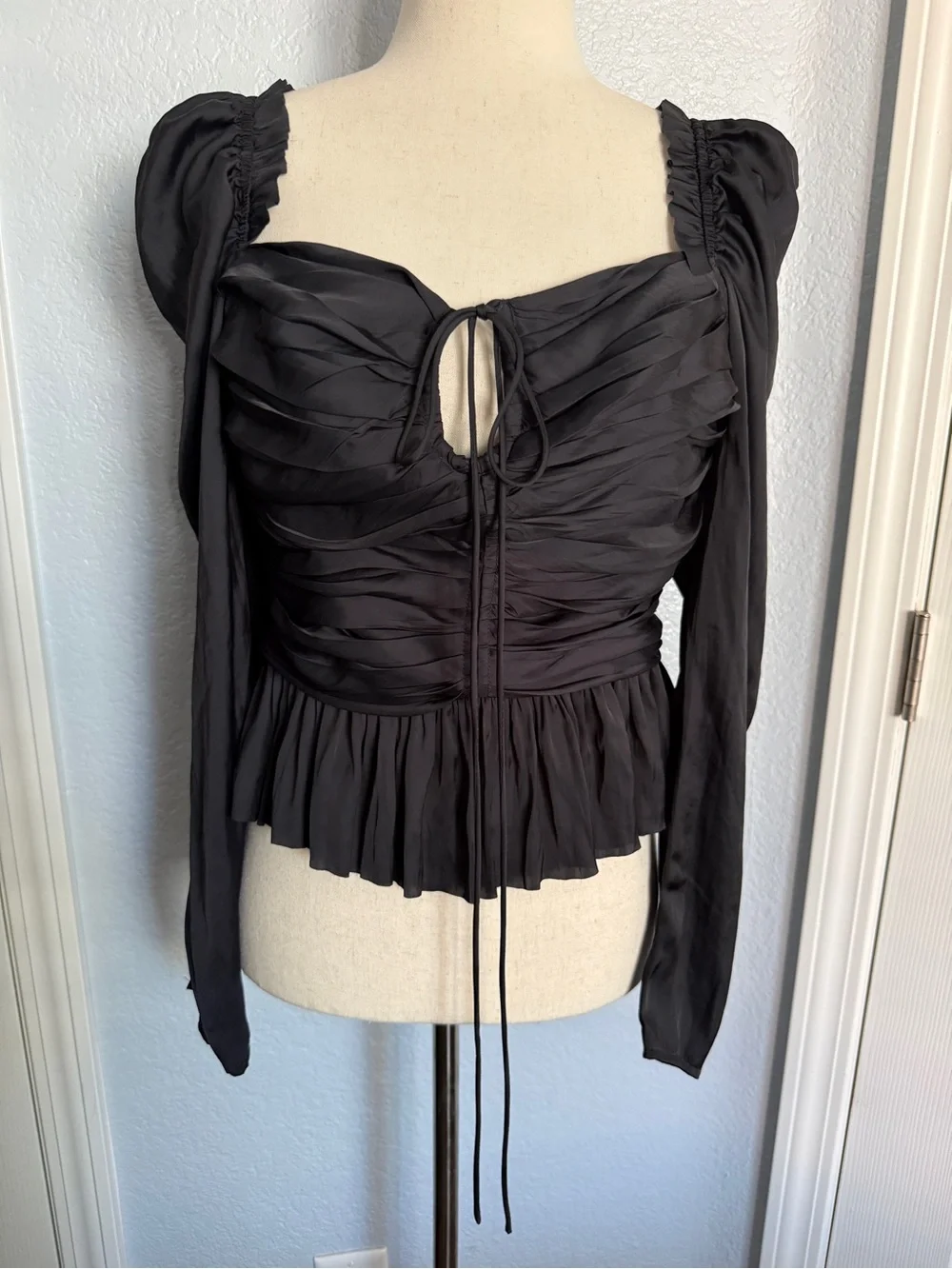 Ulla Johnson Black Ruched Peplum Blouse Puff Sleeve Silk Blend Top S